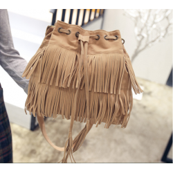New Simple Retro Tassel Drawstring Bucket Tassel Shoulder Bag - Cream