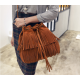 New Simple Retro Tassel Drawstring Bucket Tassel Shoulder Bag - Brown