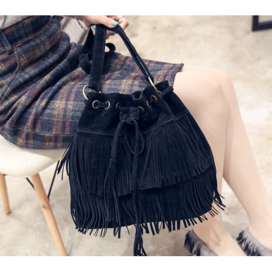 New Simple Retro Tassel Drawstring Bucket Tassel Shoulder Bag - Blue