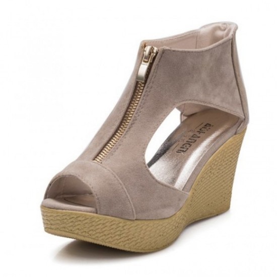 Modern Suede Wedges with Gold Zip Detail and Espadrille Beige Heel image