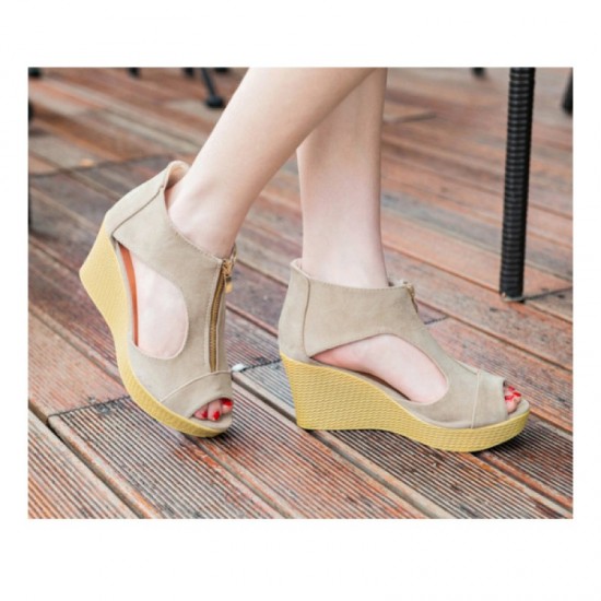 Modern Suede Wedges with Gold Zip Detail and Espadrille Beige Heel image