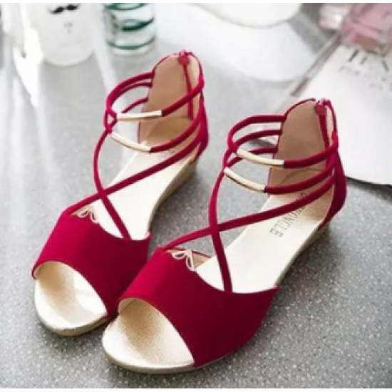 Elegant Strappy Red Wedge Sandals with Golden Accents image