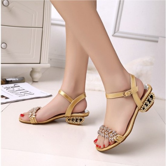 Summer Stylish Fish Mouth Diamond High Heel Buckle Gold Sandals