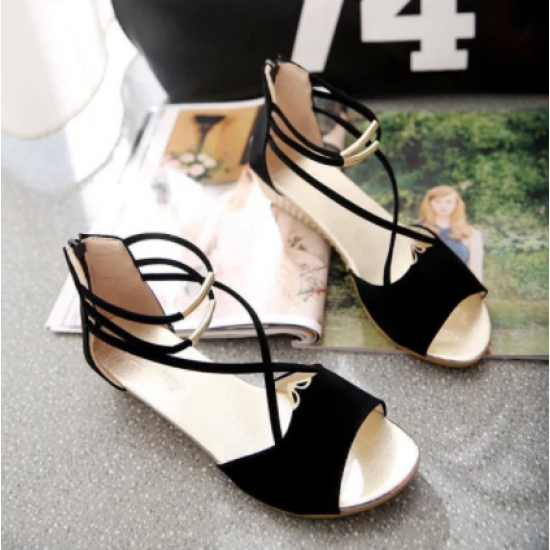 Summer Black Comfort Strap Solid Low-heeled Sandals