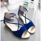 Elegant Strappy Blue Wedge Sandals with Golden Accents image