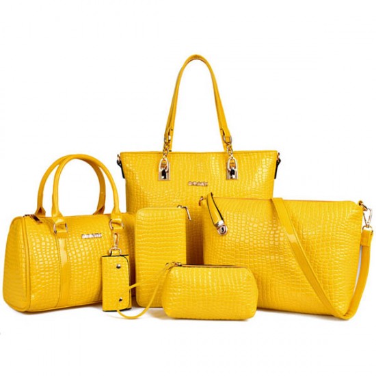 Worsely Yellow 6 Piece Crocodile Pattern Ladies Hand bags Set