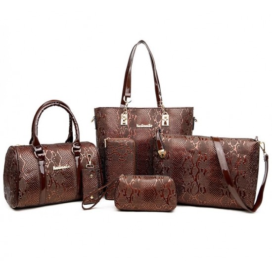 Brown Color 5 Piece crocodile pattern Ladies Hand bags Set