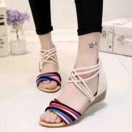 Vibrant Strappy Sandals Multi-Colored Bands Meet Stylish White Interwoven Design