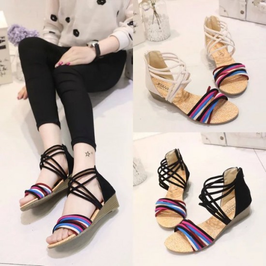 Vibrant Strappy Sandals Multi-Colored Bands Meet Stylish White Interwoven Design image