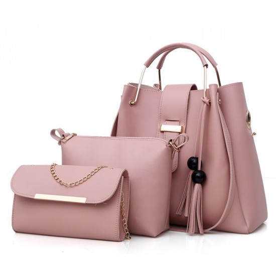 Solid Tassel Hanging PU Pink Leather Bag Set