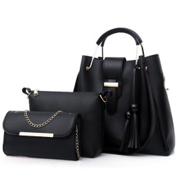 Solid Tassel Hanging PU Black Leather Bag Set