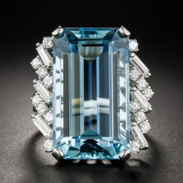 Aquamarine Cocktail With Baguette and Round Diamonds Ring