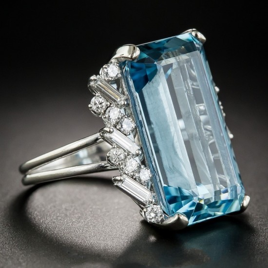 Aquamarine Cocktail With Baguette and Round Diamonds Ring