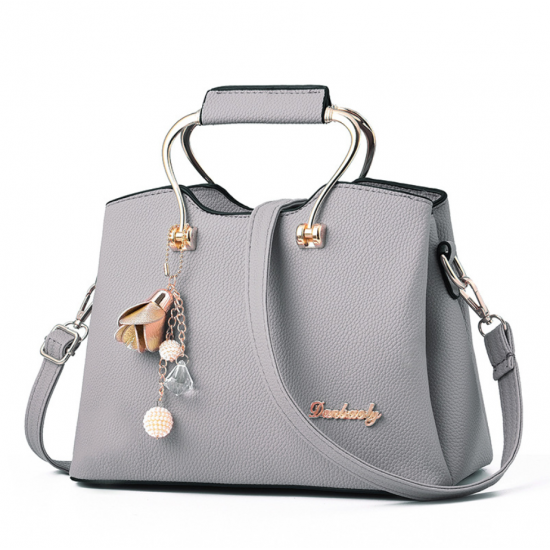 Plain Leather Grey Shoulder Handbag
