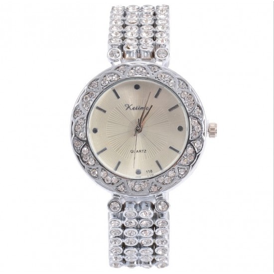 Woman Crystal Diamond Decorated Silver Bracelet Watch image