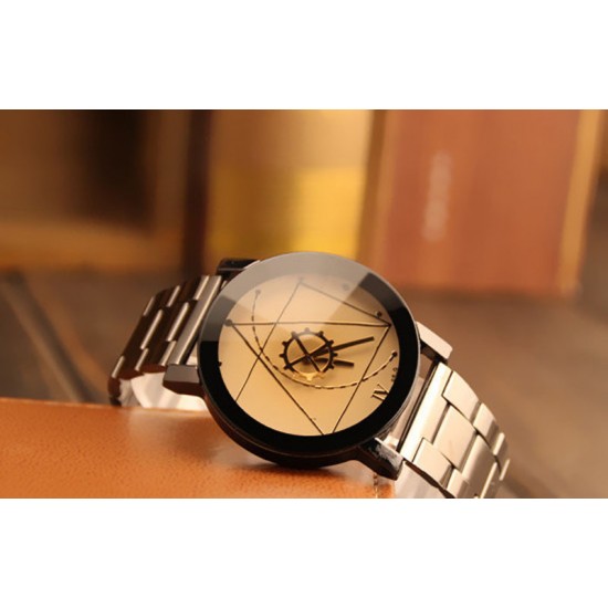  Geometric Pattern Golden Dial Steel Belt Watch image