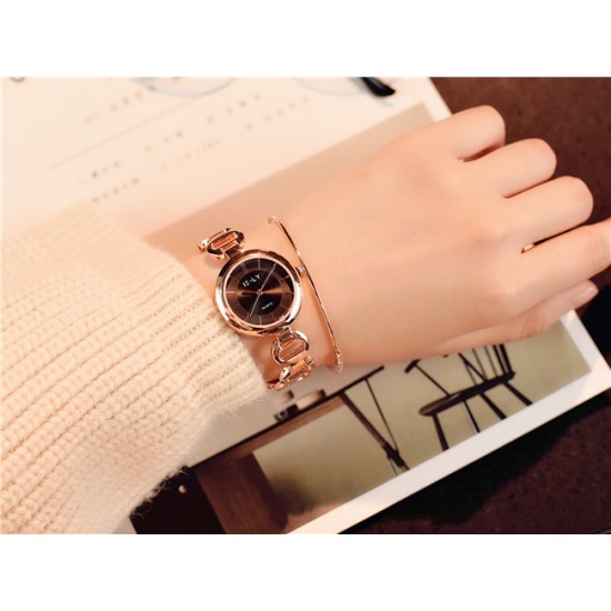 Woman Gold Hollow Designed Black Dial Bracelet Watch image