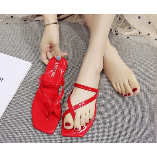 Woman Square Head Flat Bottom Formal Beach Sandals-Red