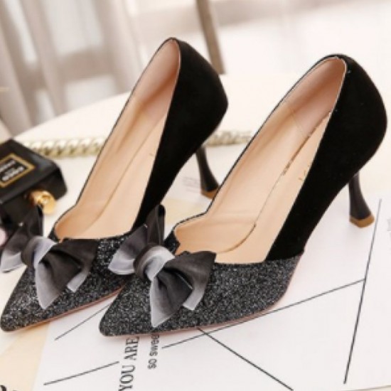 Elegant Black Suede Pumps with Glittering Toe Cap image