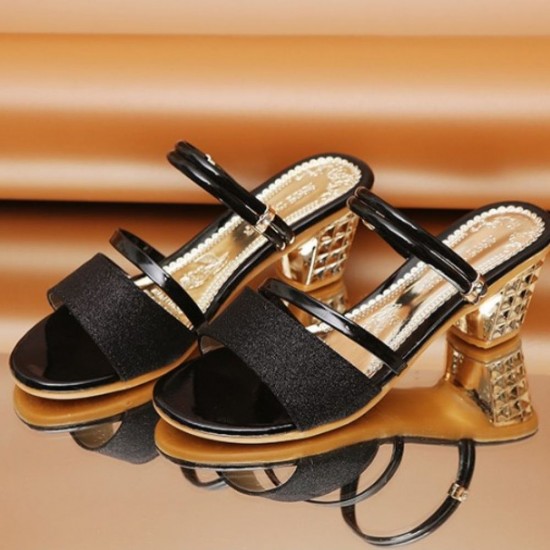 Black Elegant Slingback Sandals with Glitter Finish and Embellished Heel image