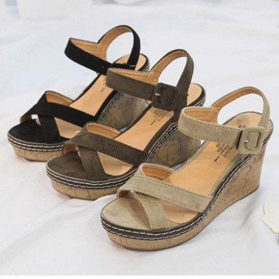 Black Elegant Cork Wedge Sandals with Suede Straps image