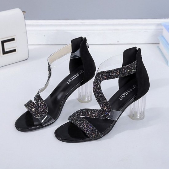 Chic Black Strappy Sandals with Glitter Sparkle Detail image