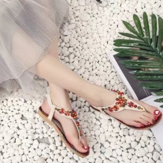 Colorful Gemstone Adorned White Sandals for Sunny Day Outfits image