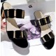 Sophisticated Gold Buckle Flat Sandals in Monochrome Palette Black image