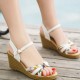 Summer Elegance Floral Print Wedge White Sandals with Ankle Strap image