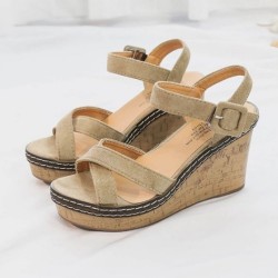 Brown Elegant Cork Wedge Sandals with Suede Straps Brown Elegant Cork Wedge Sandals with Suede Straps