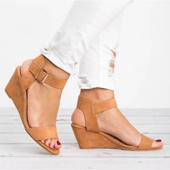 Suede Leather Buckle Strap Short Wedge Sandals-Brown