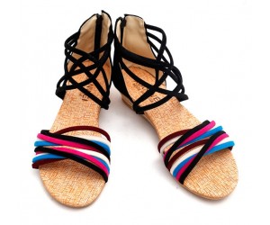 Vibrant Strappy Sandals: Multi-Colored Bands Meet Stylish Black Interwoven Design