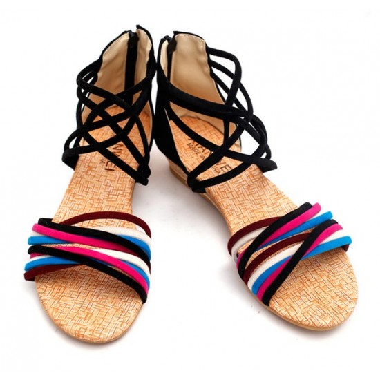 Vibrant Strappy Sandals: Multi-Colored Bands Meet Stylish Black Interwoven Design image