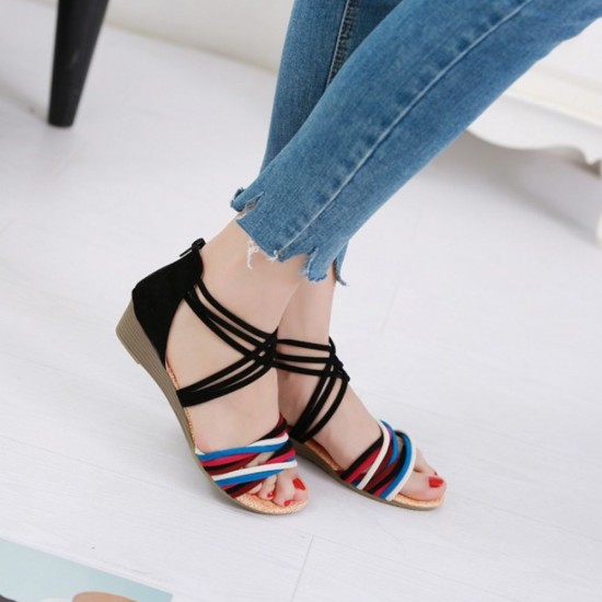 Vibrant Strappy Sandals: Multi-Colored Bands Meet Stylish Black Interwoven Design image