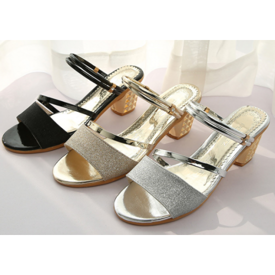 Women New Thick Heel Leather Sandals-Gold