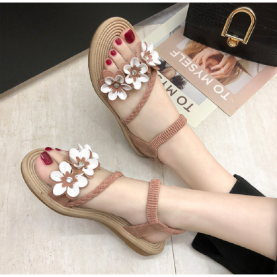 new women Flower style flat Sandal-Pink