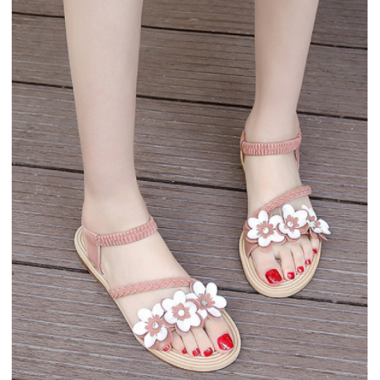 new women Flower style flat Sandal-Pink