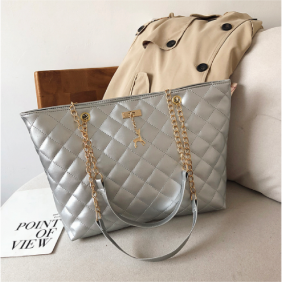 New Rhombic Chain Straps Patchwork Women Hand Bag - Silver