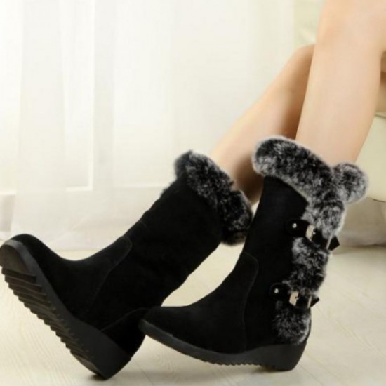 Black Stylish Mid Calf Suede Boots with Fuzzy Trim and Adorable Details image