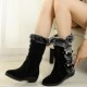 Black Stylish Mid Calf Suede Boots with Fuzzy Trim and Adorable Details image