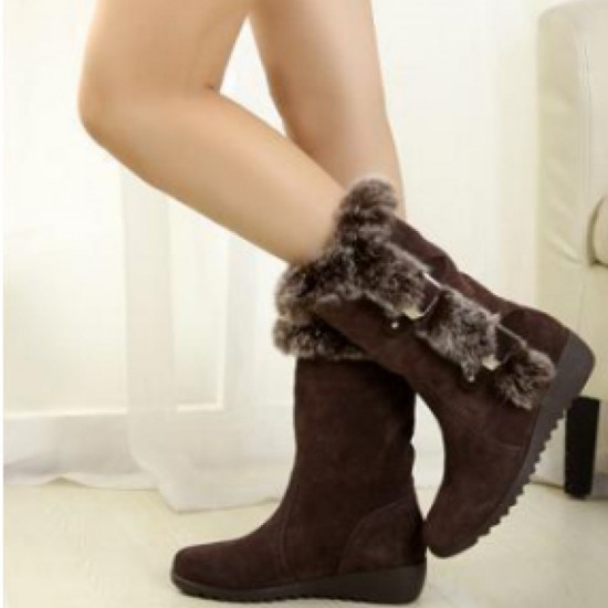 Brown Stylish Mid Calf Suede Boots with Fuzzy Trim and Adorable Details image