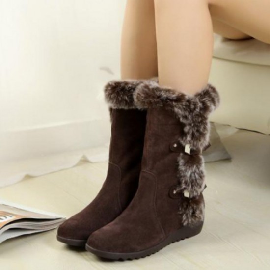 Brown Stylish Mid Calf Suede Boots with Fuzzy Trim and Adorable Details image