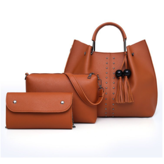 New Style Solid Tassel Hanging PU Leather Handbags Set - Brown