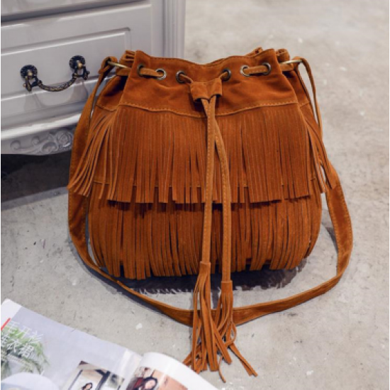 New Simple Retro Tassel Drawstring Bucket Tassel Shoulder Bag - Brown