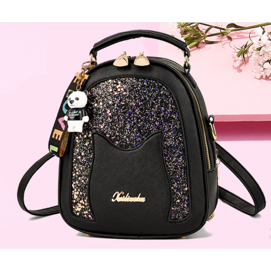 New Glitter Portable Sequins With Bear Backpack - Black