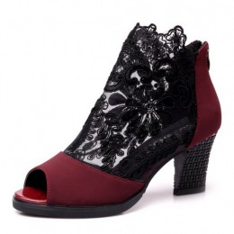 Open Toe High Heel Lace Mesh Sandals-Red