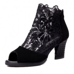 Open Toe High Heel Lace Mesh Sandals-Black 