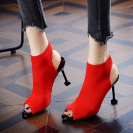 Knitted Elastic Fish Mouth High Heel Sandals -RD