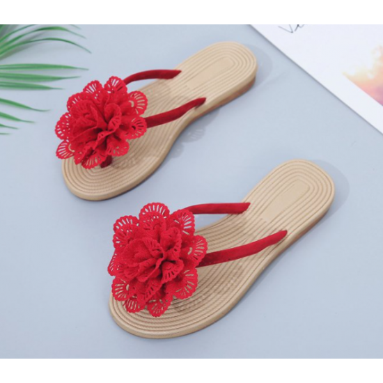 New Comfartable Flower Beach Flat Slippers - Red