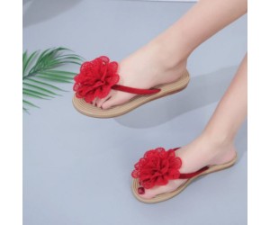 New Comfartable Flower Beach Flat Slippers - Red